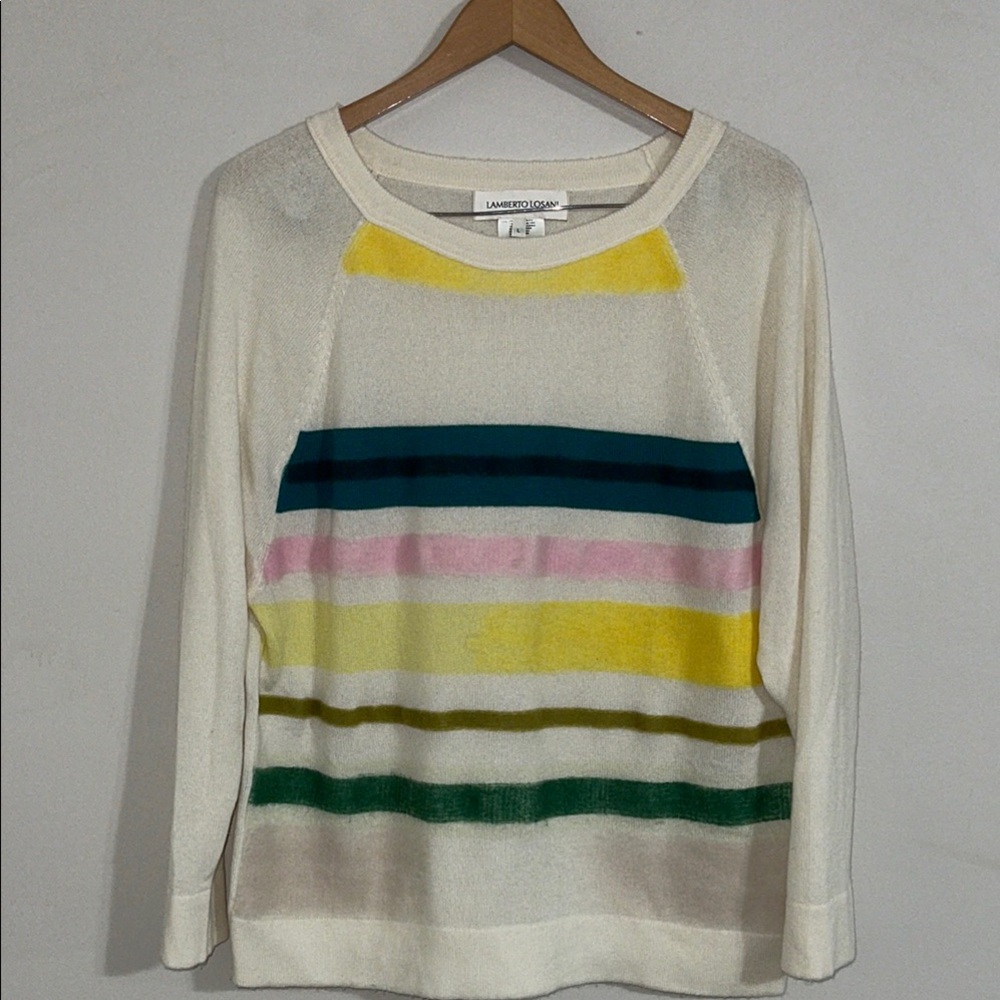Lamberto Losani women’s cream striped pattern crewneck cashmere sweater Large